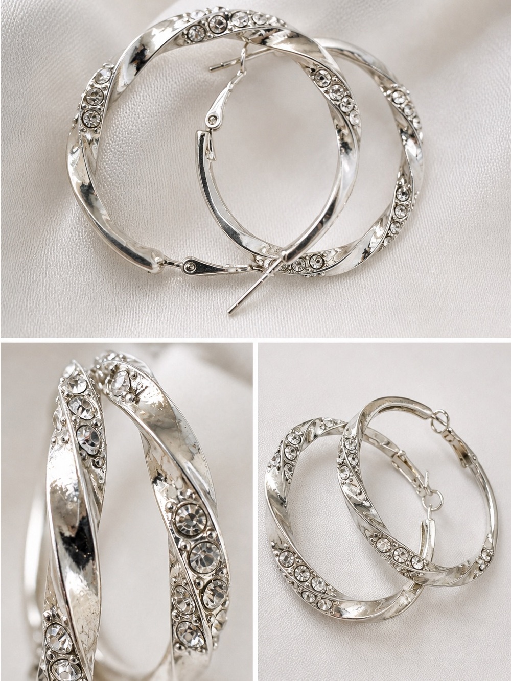 925 Sterling Silver Hoop Earrings with Sparkling CZ Accents 1.5” - Picture 2 of 7